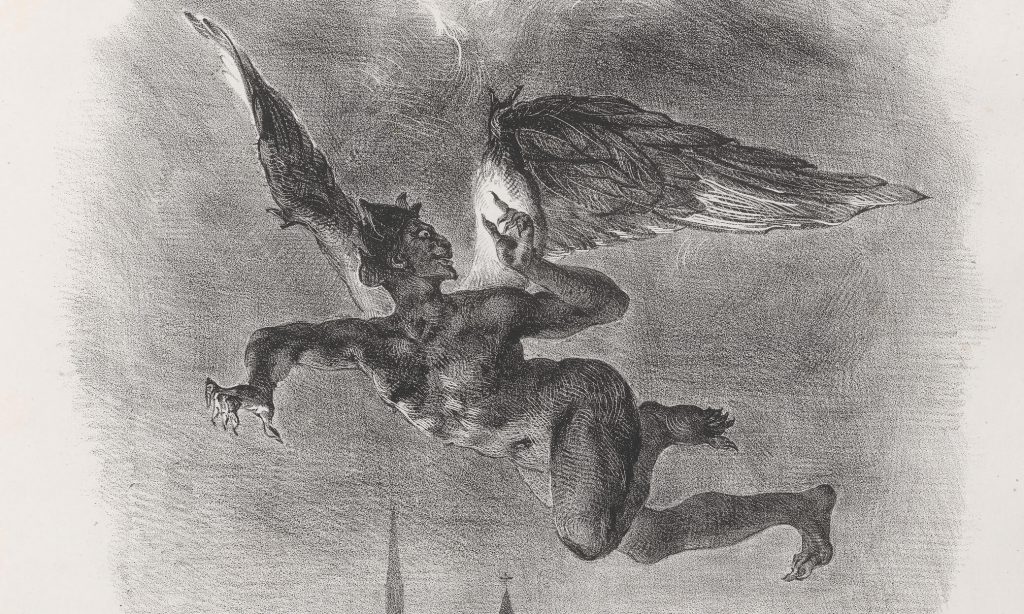 Winged demon flying through stormy sky