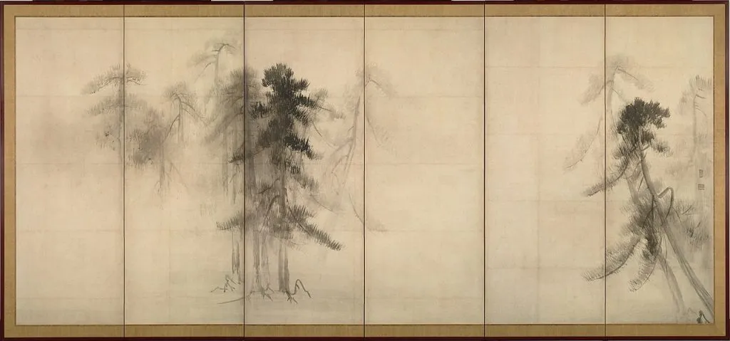 A print of Japanese artist Hasegawa Tōhaku's Pine Trees in the Mist, painted in 1595.