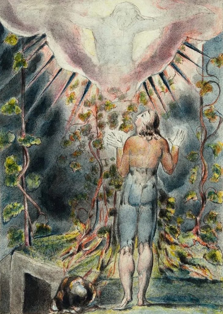 William Blake, Illustration for John Bunyan's A Pilgrim's Progress, 1824-7, showing the pilgrim confronted by a divine being.