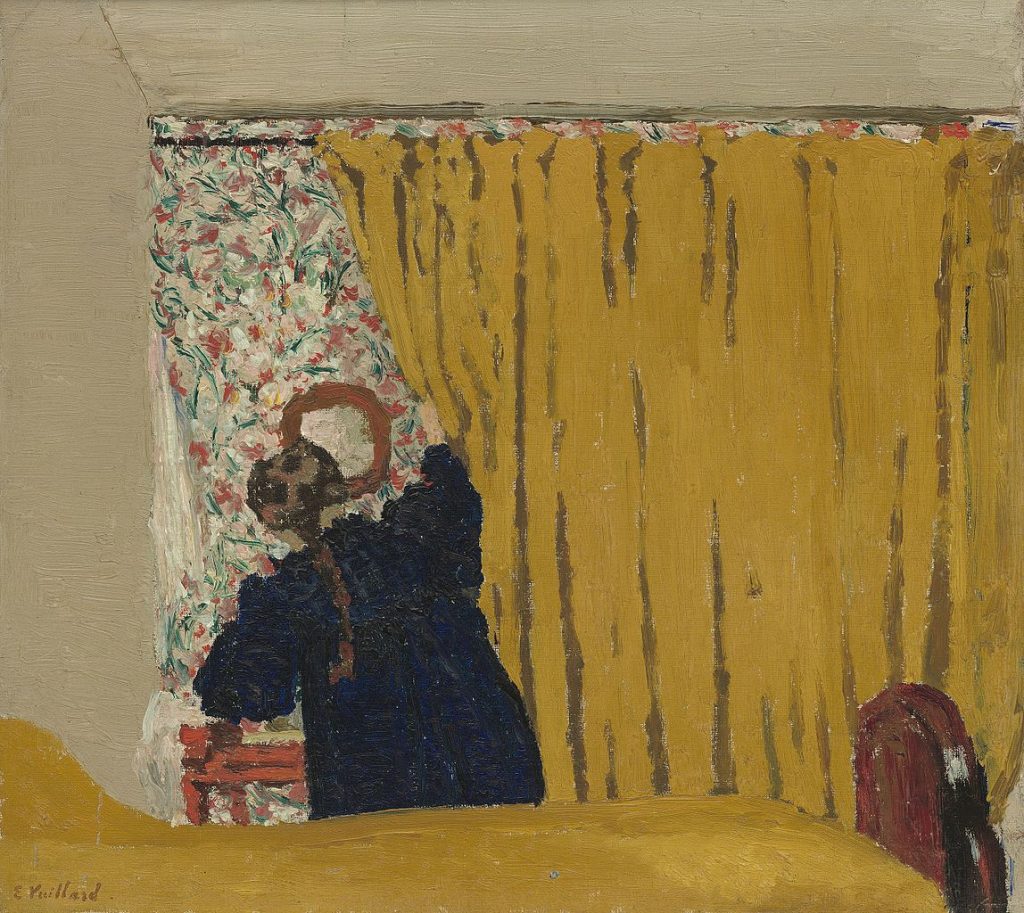 A painting of a woman pulling back a yellow curtain. 