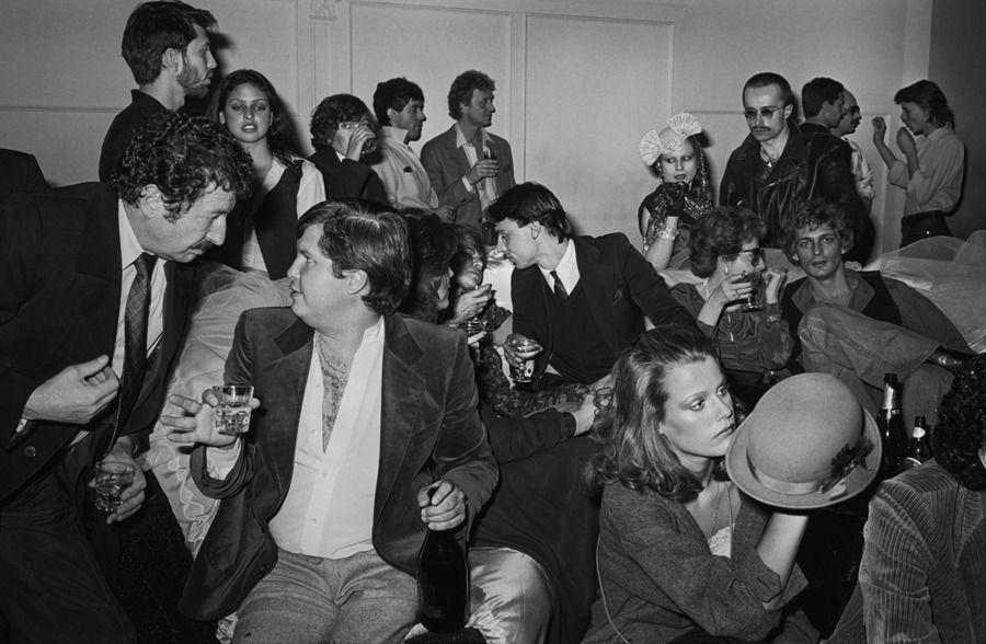 Photo taken at a crowded, fashionable party at Studio 54 in New York, circa the late 70s. 