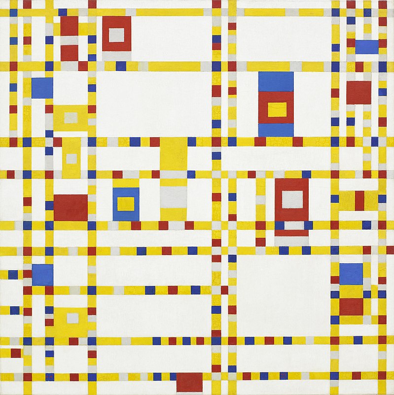 Abstract painting by Piet Mondrian: bisecting lines of yellow, red and blue.