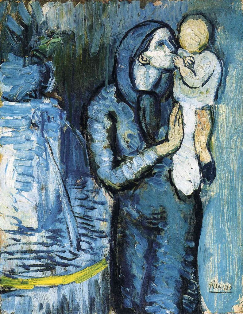 Painting of a mother embracing a faceless child by Picasso, from his blue period. 