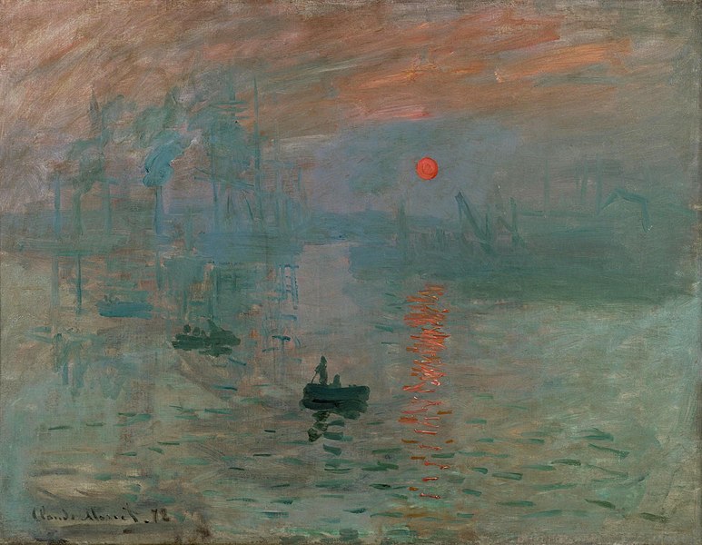 Painting by Claude Monet of a boat crossing water at sunrise, with the red sun reflecting off the grey water.