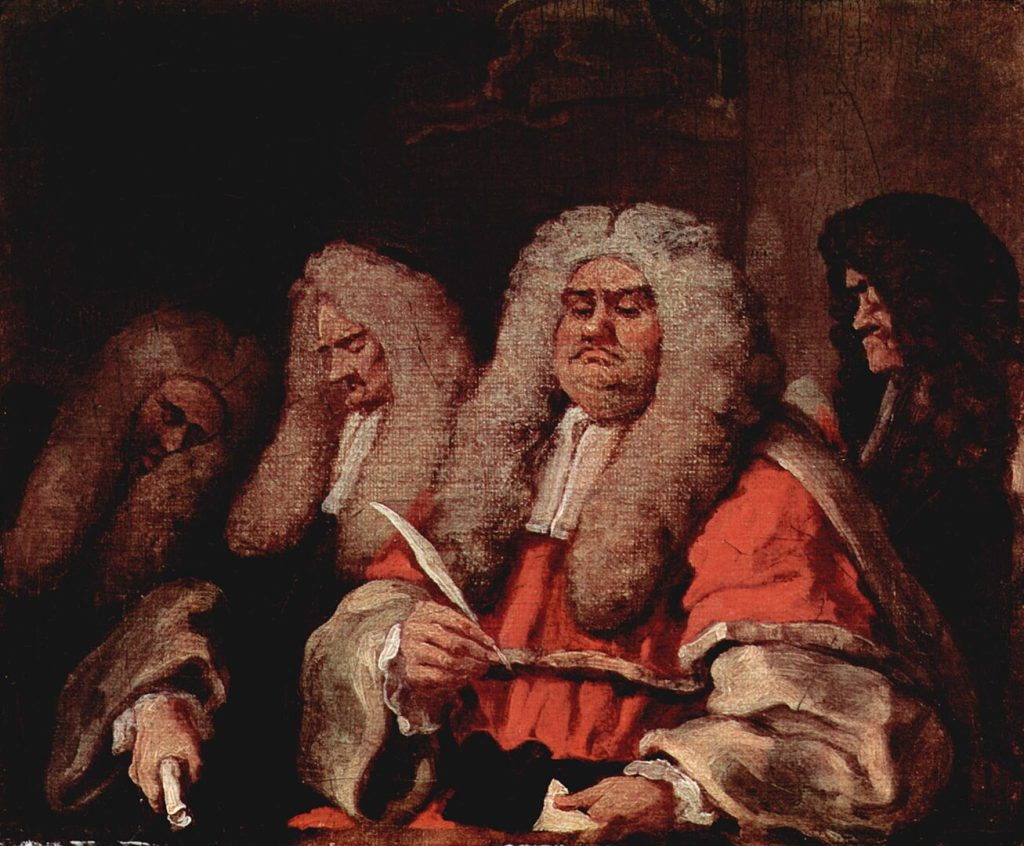 Painting by William Hogarth showing a group of judges in wigs and red gowns at the bench.