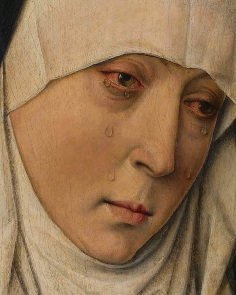 Detail from Dieric Bouts's painting Mater Dolorosa, showing the Virgin Mary in tears. 