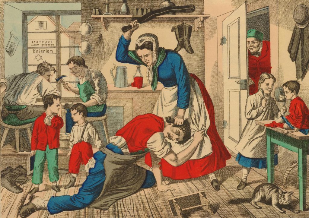 1850s illustration showing a woman beating a man with a strap in a leather-making workshop. 