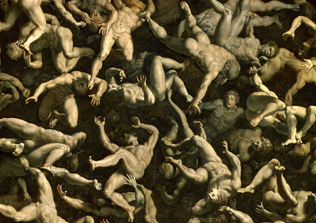 Detail from Andrea Commodi's fresco, The Fall of the Rebel Angels: naked, frightened bodies tumbling through space.