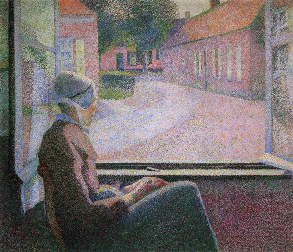 Pointilist painting of a Dutch woman gazing out of a ground floor window.