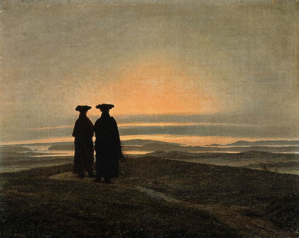 Painting of two men in black silhoutted against a sunset over low mountains.