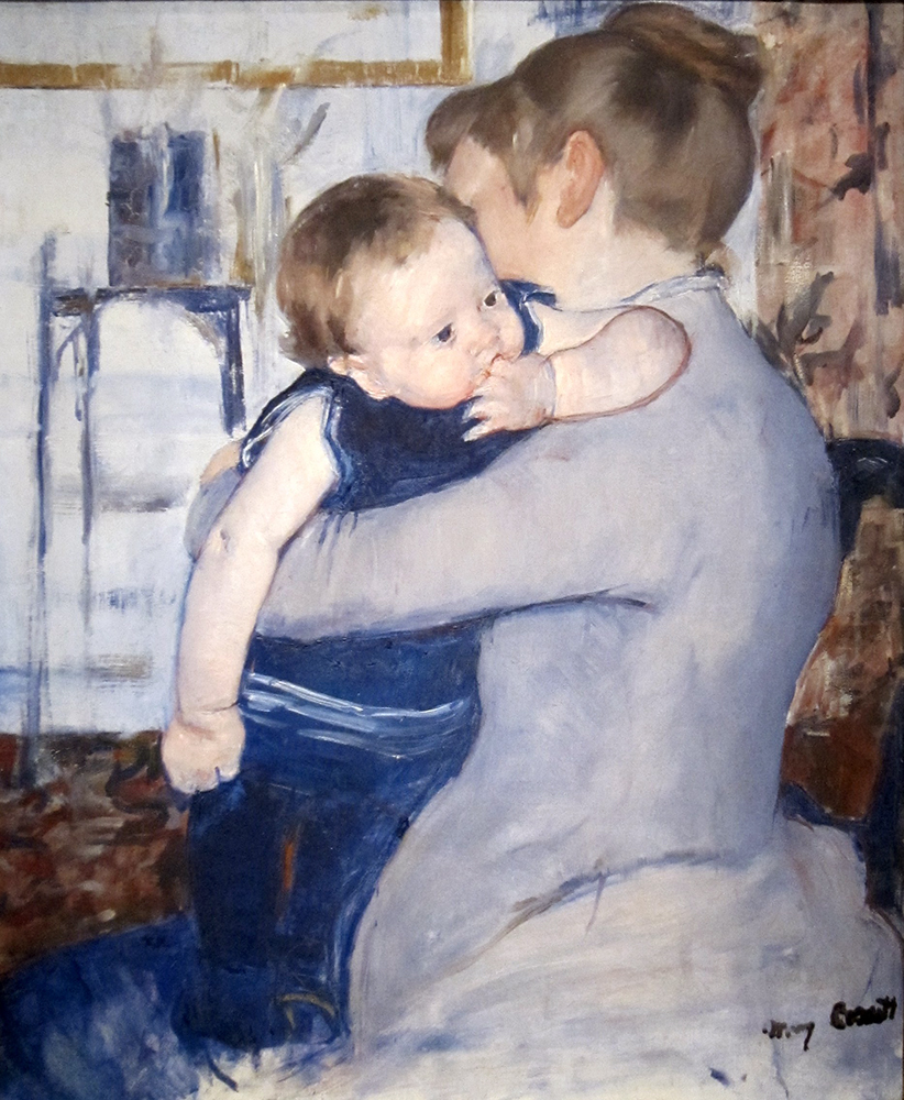 A soft, impressionistic painting by Mary Cassatt depicting a woman gently holding a baby who rests against her shoulder.