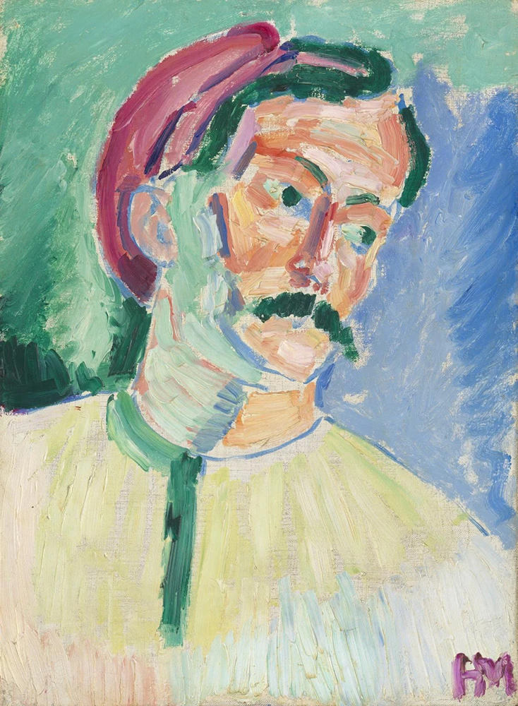 A bold, expressive portrait of a man with a moustache in a red cap, painted by Henri Matisse with thick, vibrant brushstrokes and abstract features.