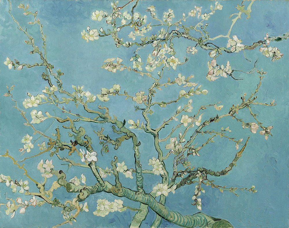 A delicate painting by Vincent van Gogh of almond blossoms against a vivid blue sky, symbolising the quiet beauty and fragility of change and new beginnings.