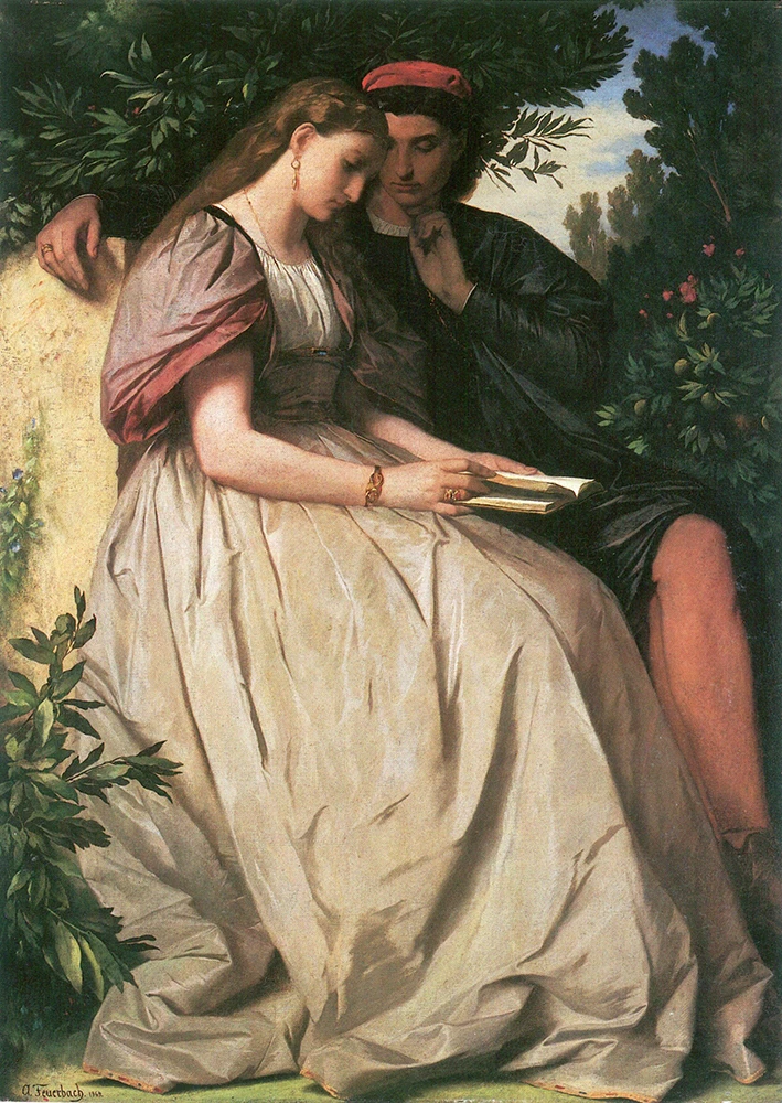 Anselm Feuerbach’s 1864 painting Paolo and Francesca depicts a couple seated closely, reading together in an intimate outdoor setting.