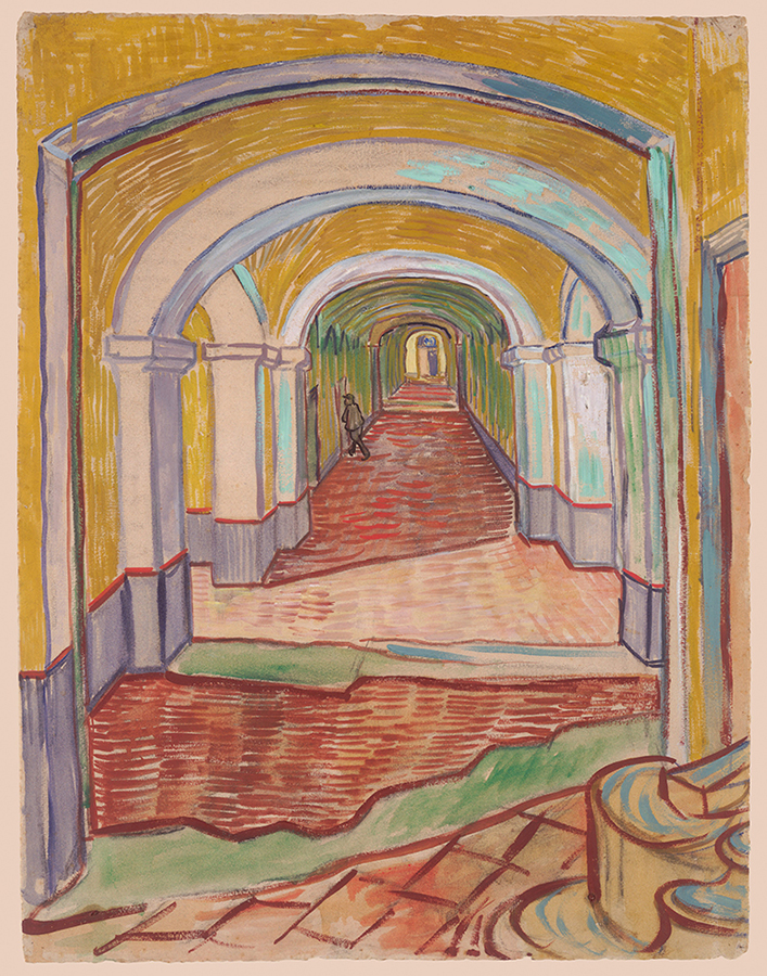 Vincent van Gogh’s Corridor in the Asylum (1889) depicts a long, arched hallway rendered in swirling, expressive brushstrokes. Capturing the emotional intensity of love and mental health during his time in psychiatric care.