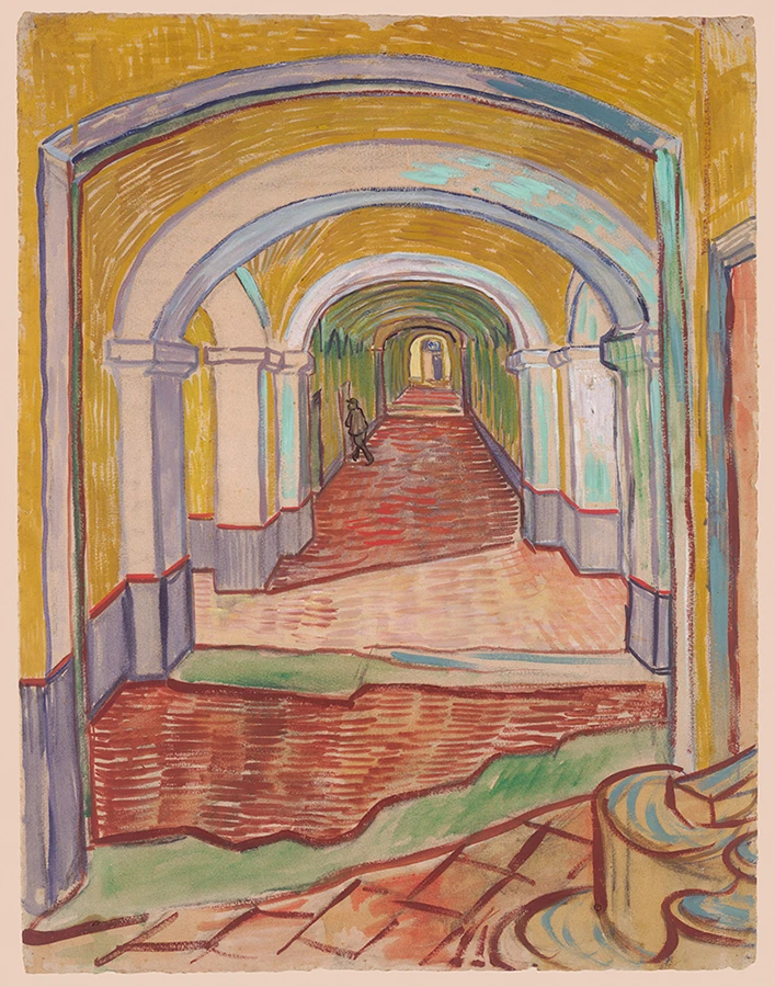 Vincent van Gogh’s Corridor in the Asylum (1889) depicts a long, arched hallway rendered in swirling, expressive brushstrokes. Capturing the emotional intensity of love and mental health during his time in psychiatric care.