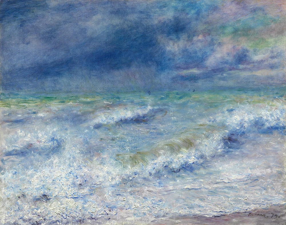 An impressionist seascape by Pierre-Auguste Renoir (1879) depicting foamy waves rolling toward shore beneath a dramatic, cloud-filled sky.