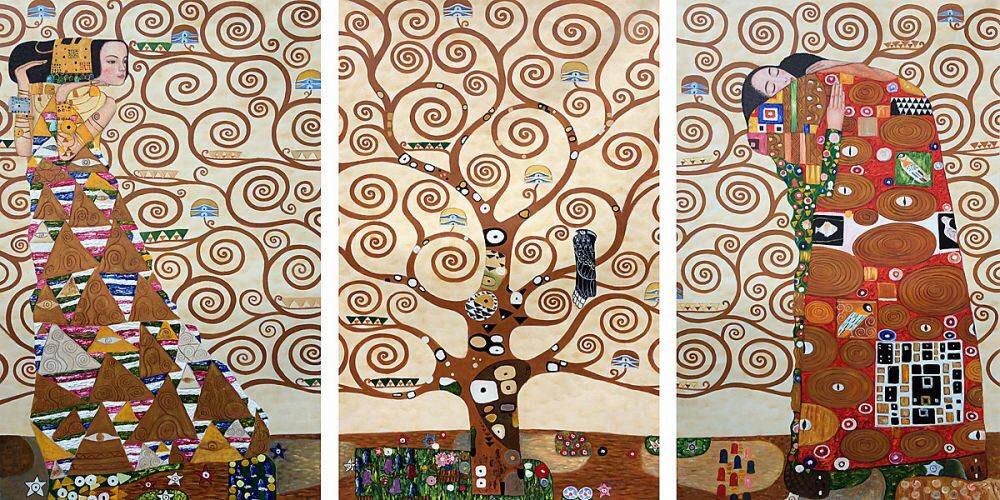 Gustav Klimt’s Tree of Life triptych (1910–1911), with swirling branches, a patterned-gown woman on the left and an embracing couple on the right.