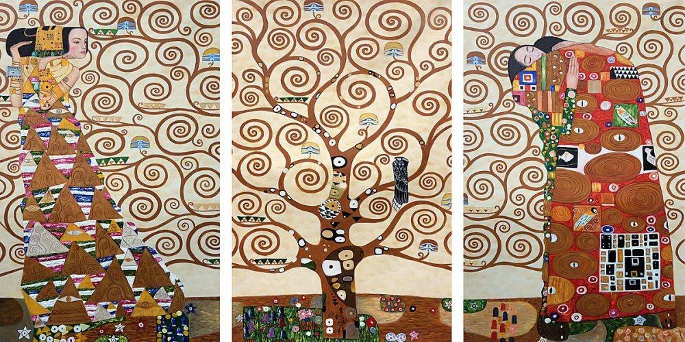 Gustav Klimt’s Tree of Life triptych (1910–1911), with swirling branches, a patterned-gown woman on the left and an embracing couple on the right.