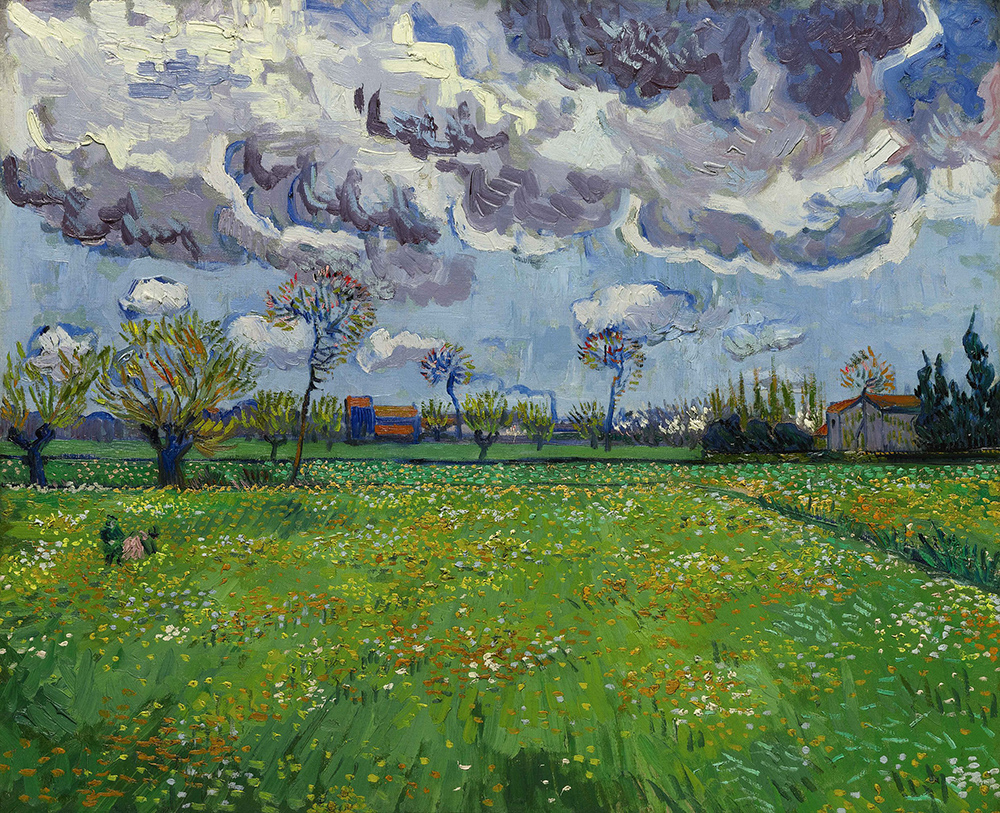 A painting of a stormy sky over a flowering field by Vincent Van Gogh, symbolising self-sabotage in relationships.