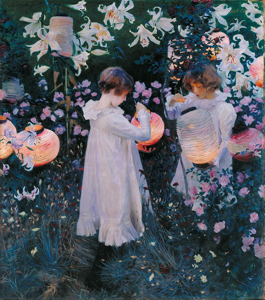 Two young girls in white dresses light paper lanterns among blooming lilies and roses in a twilight garden.