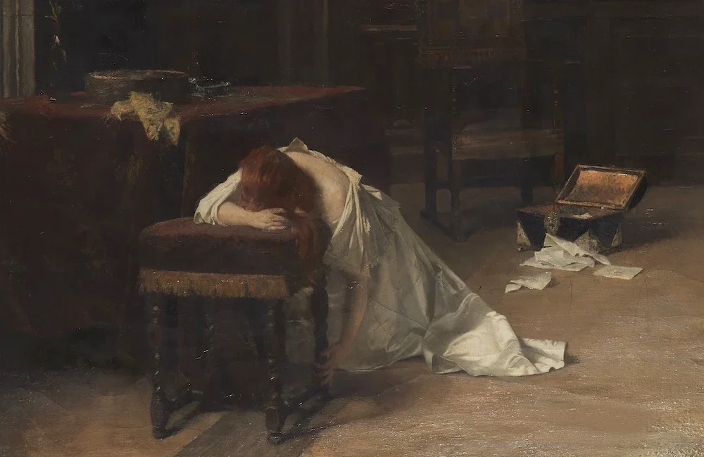 Detail from Karl Rudolf Sohn's The Discovered Love Letters (c. 1890s), showing a woman collapsed in grief over a chair, an open chest and scattered letters visible on the floor beside her.